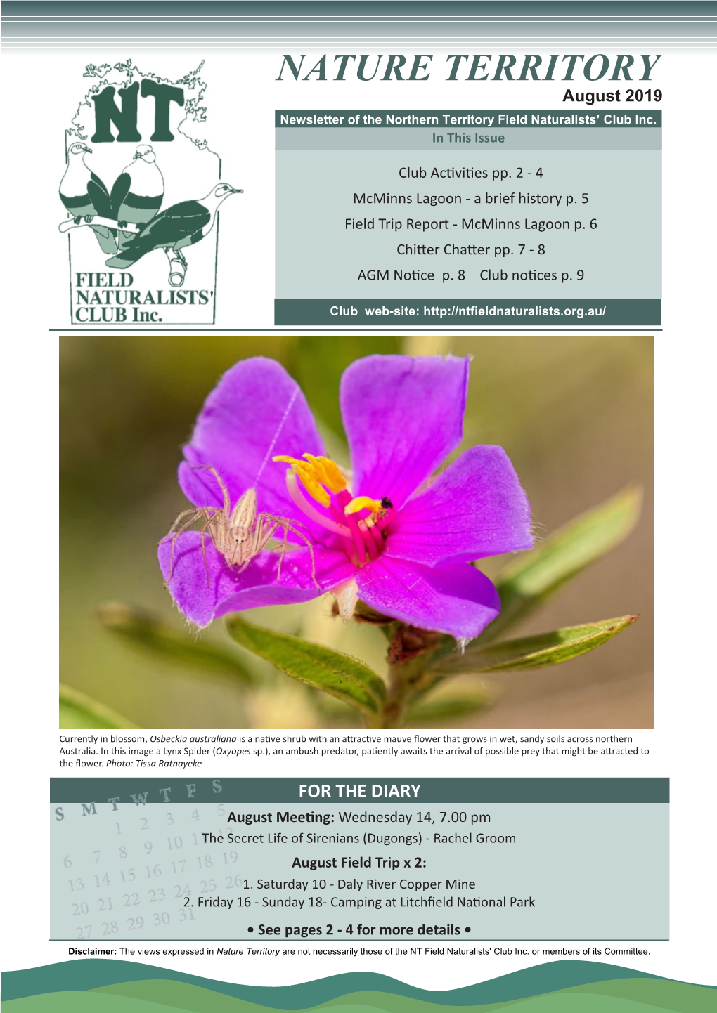 August 2019 Newsletter of the Northern Territory Field Naturalists’ Club Inc