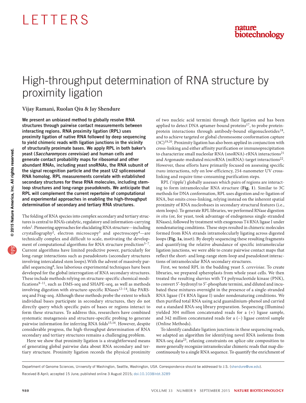 High-Throughput Determination of RNA Structure by Proximity Ligation