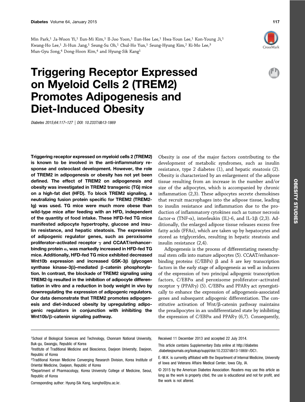 Triggering Receptor Expressed on Myeloid Cells 2 (TREM2) Promotes Adipogenesis and Diet-Induced Obesity