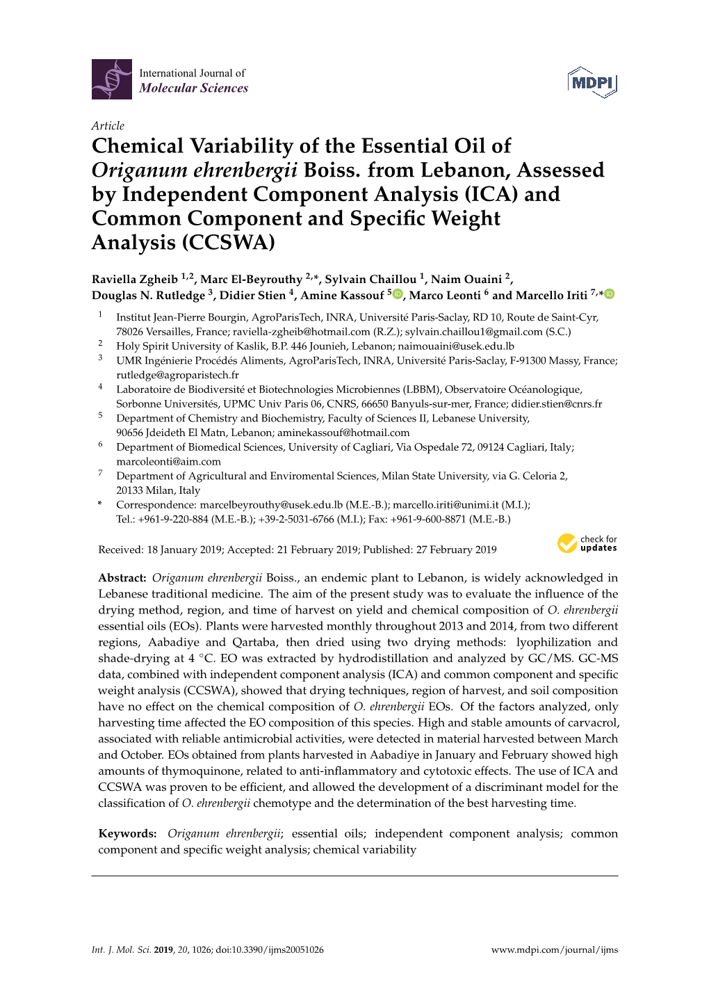 Chemical Variability of the Essential Oil of Origanum Ehrenbergii Boiss. from Lebanon, Assessed by Independent Component Analysi