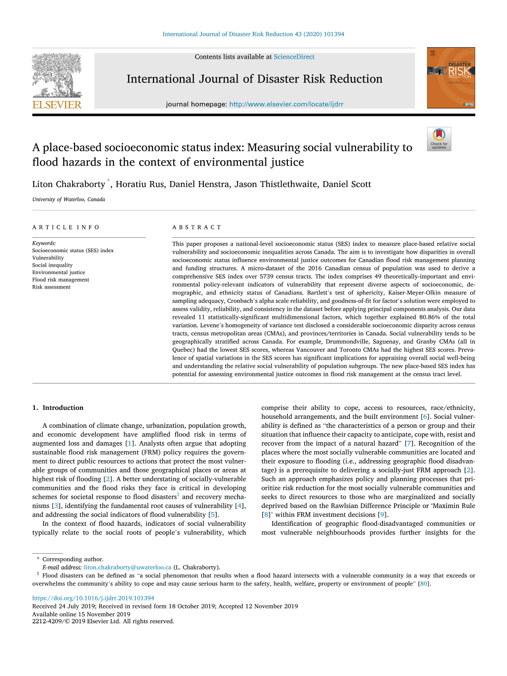 A Place-Based Socioeconomic Status Index: Measuring Social Vulnerability to Flood Hazards in the Context of Environmental Justice