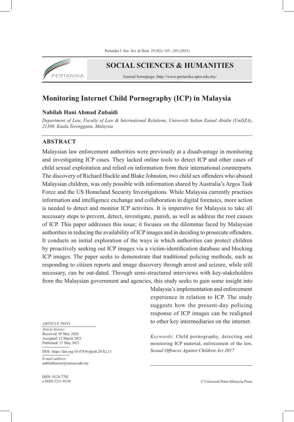 SOCIAL SCIENCES & HUMANITIES Monitoring Internet Child Pornography (ICP) in Malaysia