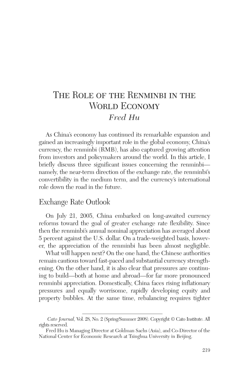 The Role of the Renminbi in the World Economy Fred Hu