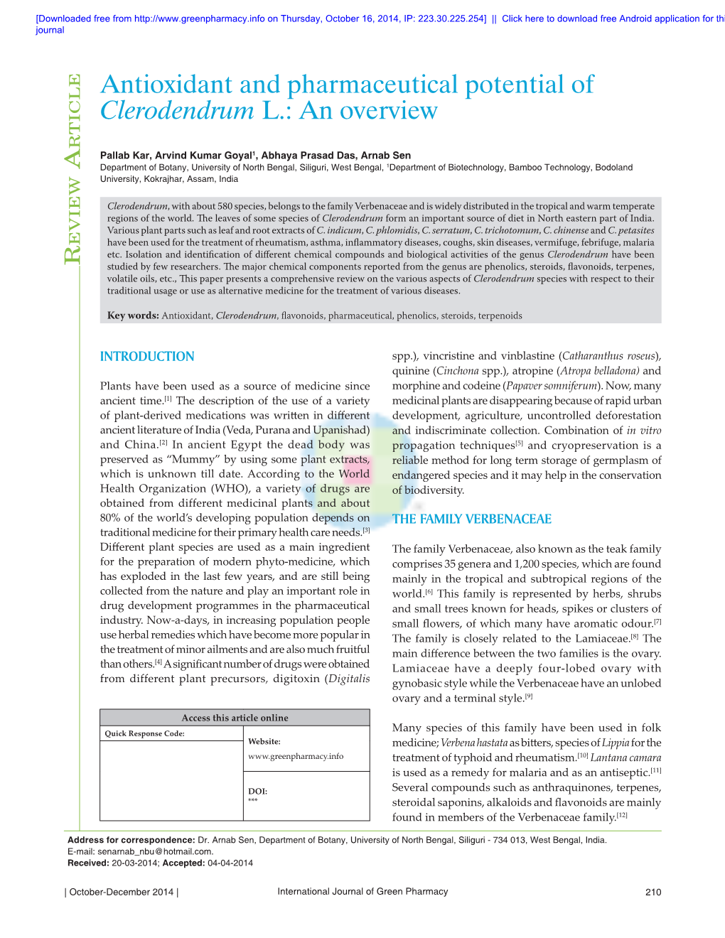 Antioxidant and Pharmaceutical Potential of Clerodendrum L