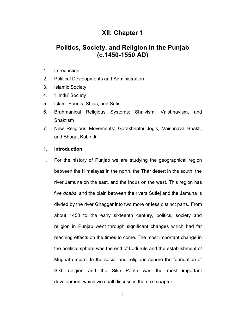 XII: Chapter 1 Politics, Society, and Religion in the Punjab