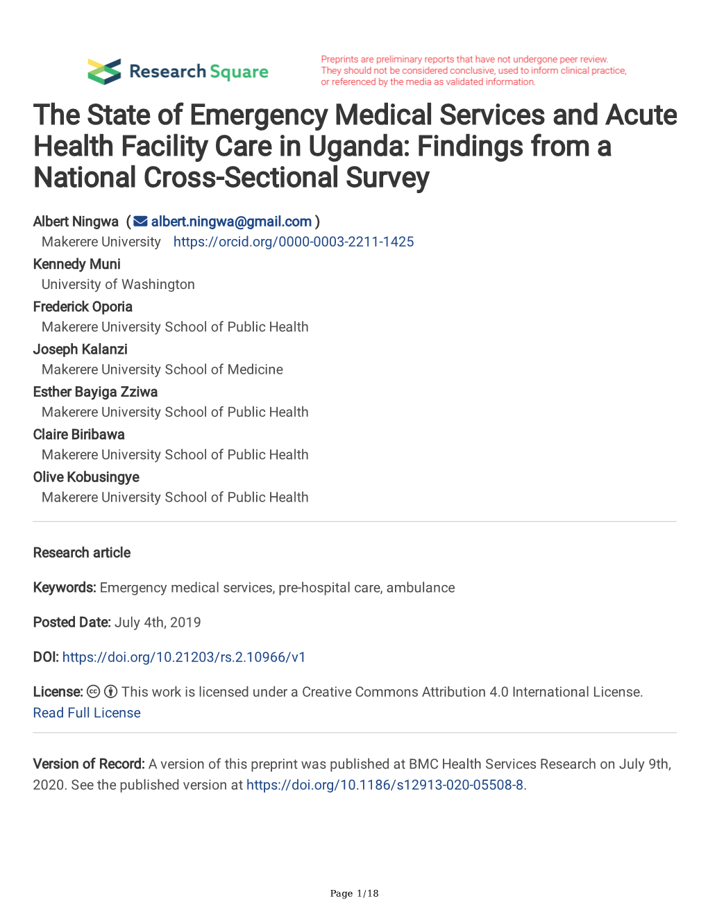 The State of Emergency Medical Services and Acute Health Facility Care in Uganda: Findings from a National Cross-Sectional Survey