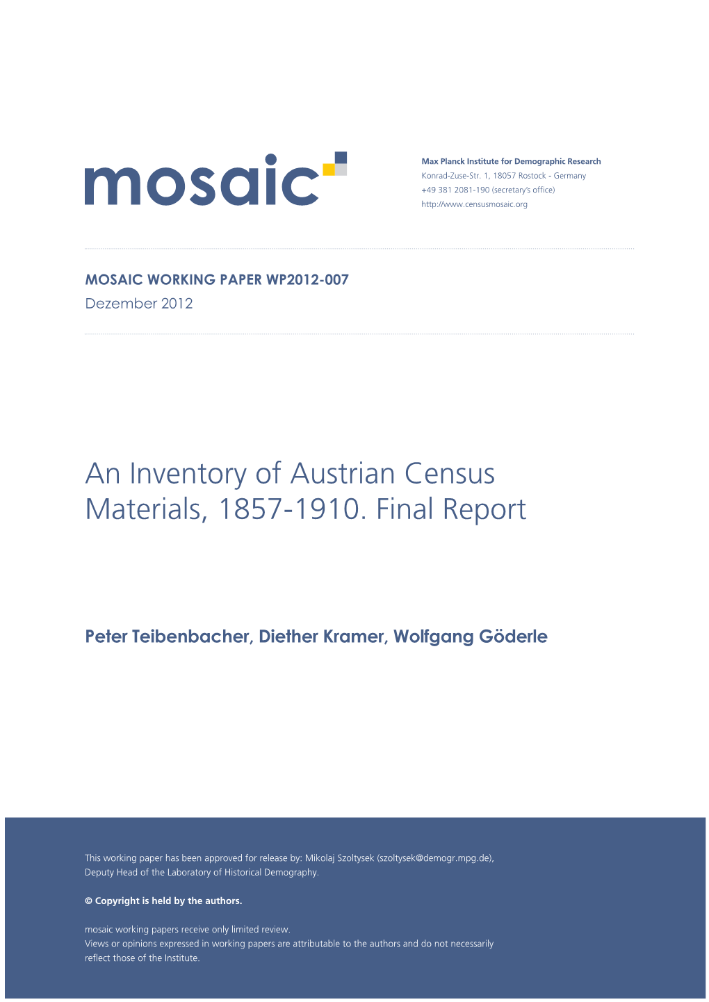 An Inventory of Austrian Census Materials, 1857-1910. Final Report