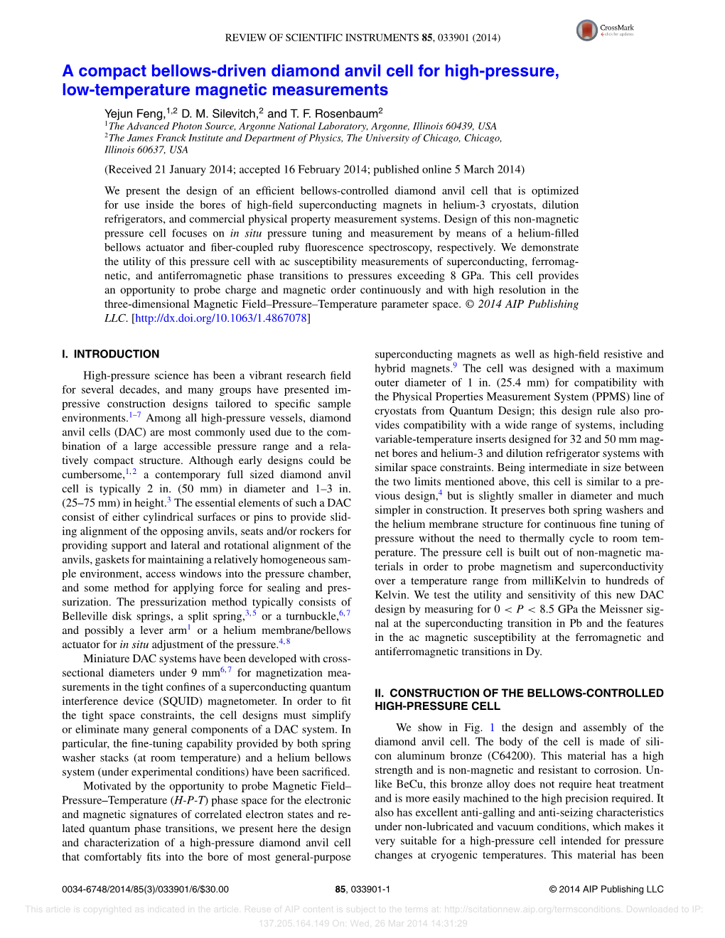 A Compact Bellows-Driven Diamond Anvil Cell for High-Pressure, Low-Temperature Magnetic Measurements Yejun Feng,1,2 D