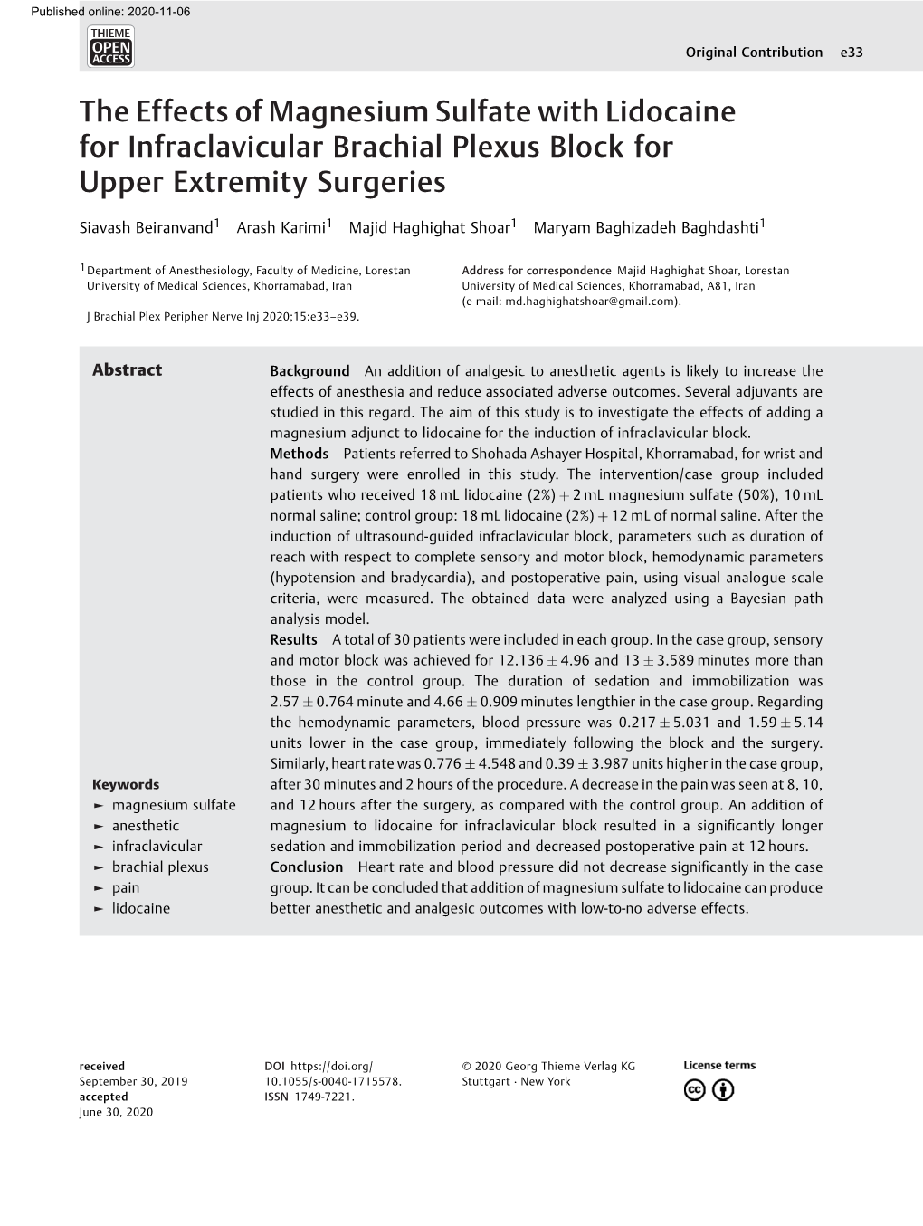 The Effects of Magnesium Sulfate with Lidocaine for Infraclavicular Brachial Plexus Block for Upper Extremity Surgeries