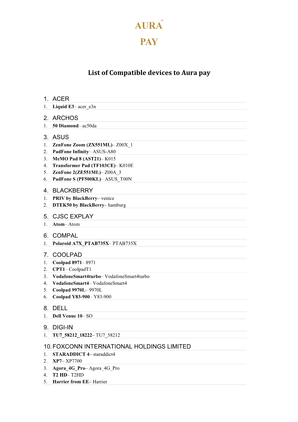 List of Compatible Devices to Aura Pay