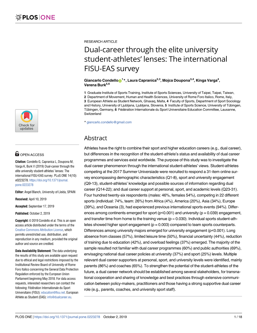 Dual-Career Through the Elite University Student-Athletes’ Lenses: the International FISU-EAS Survey