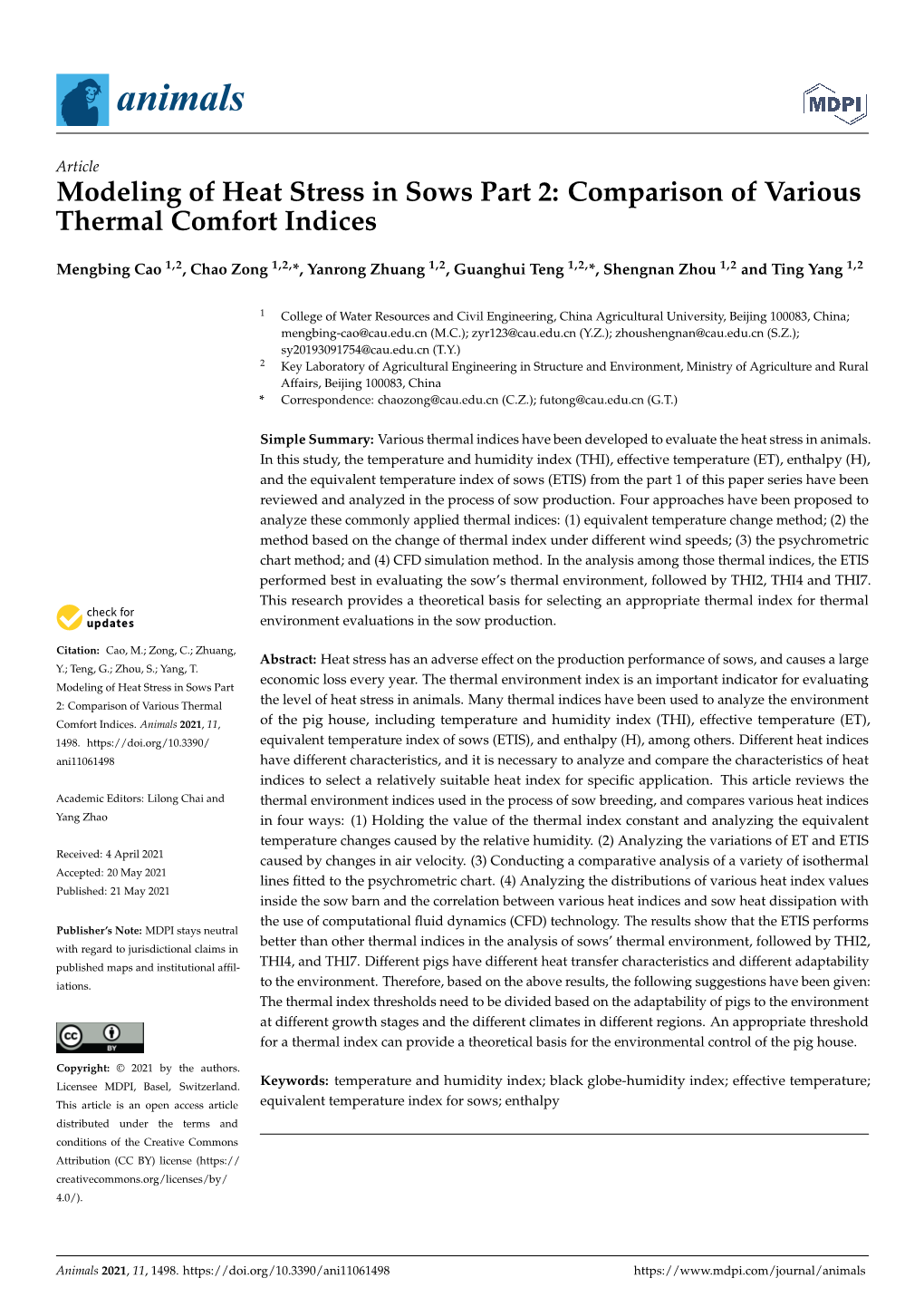 Modeling of Heat Stress in Sows Part 2: Comparison of Various Thermal Comfort Indices