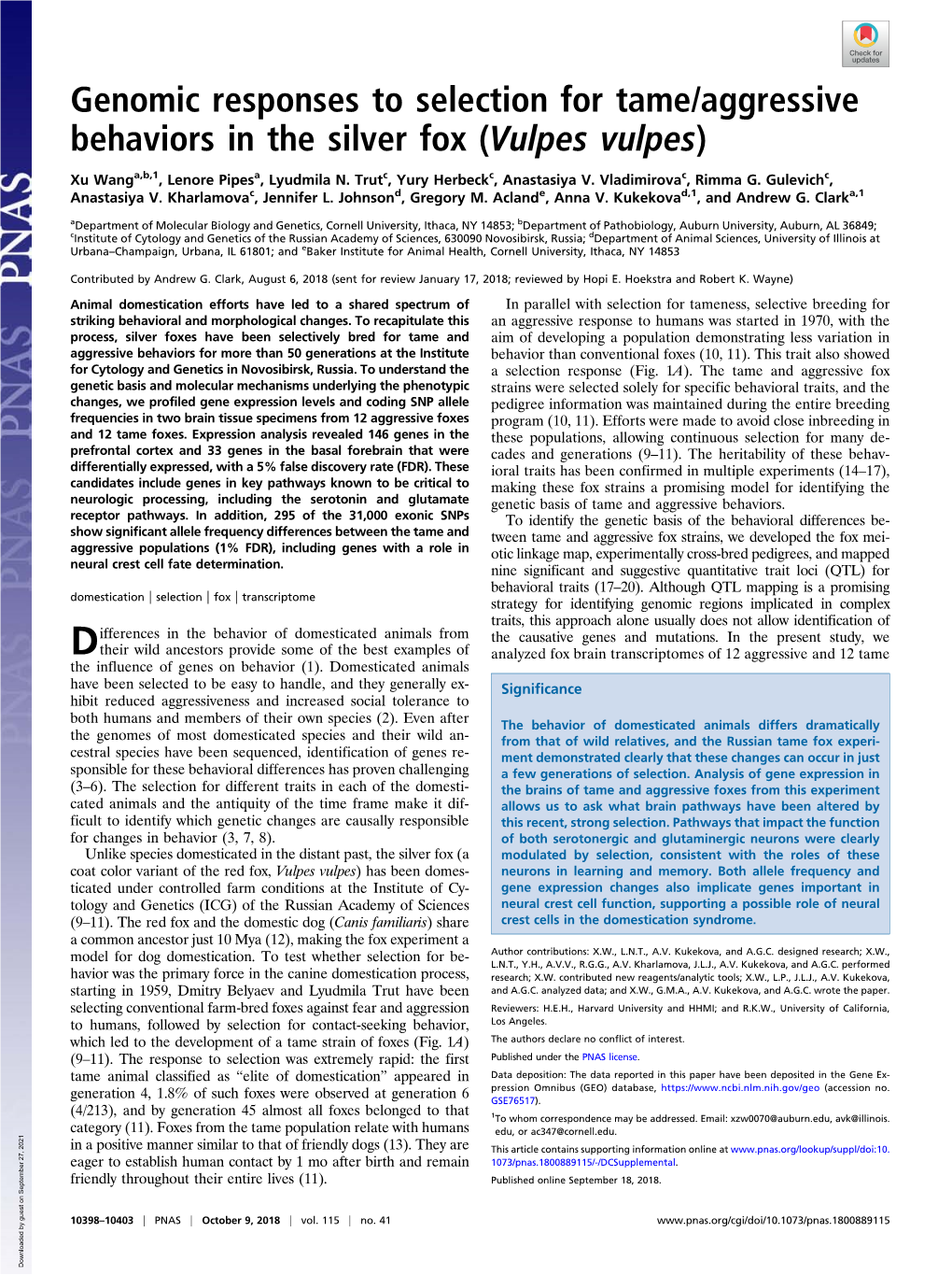 Genomic Responses to Selection for Tame/Aggressive Behaviors in the Silver Fox (Vulpes Vulpes)