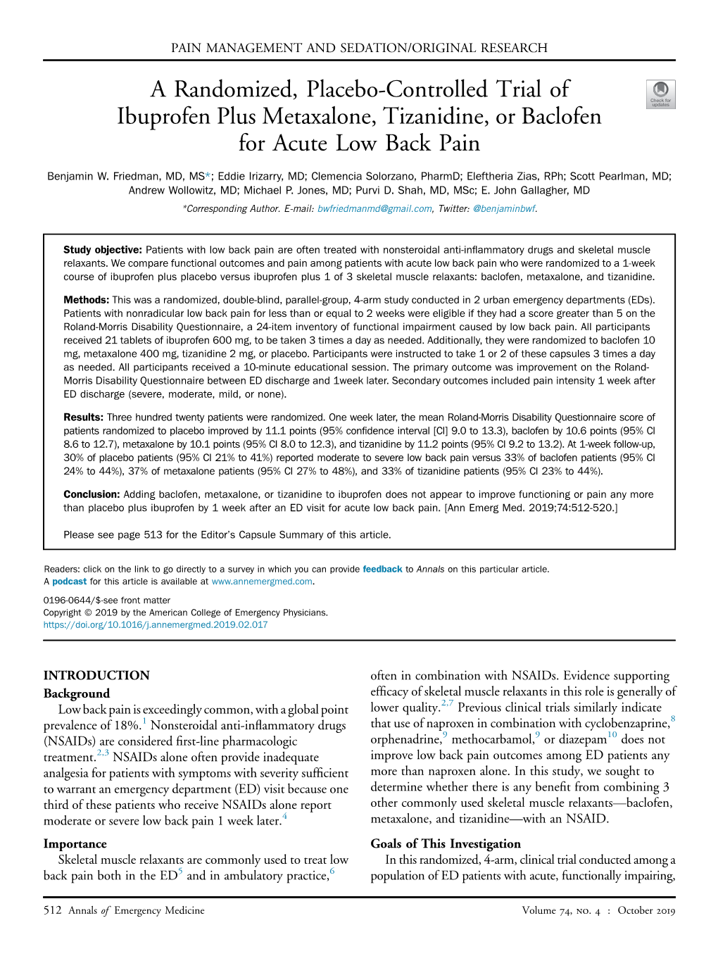 A Randomized, Placebo-Controlled Trial of Ibuprofen Plus Metaxalone, Tizanidine, Or Baclofen for Acute Low Back Pain