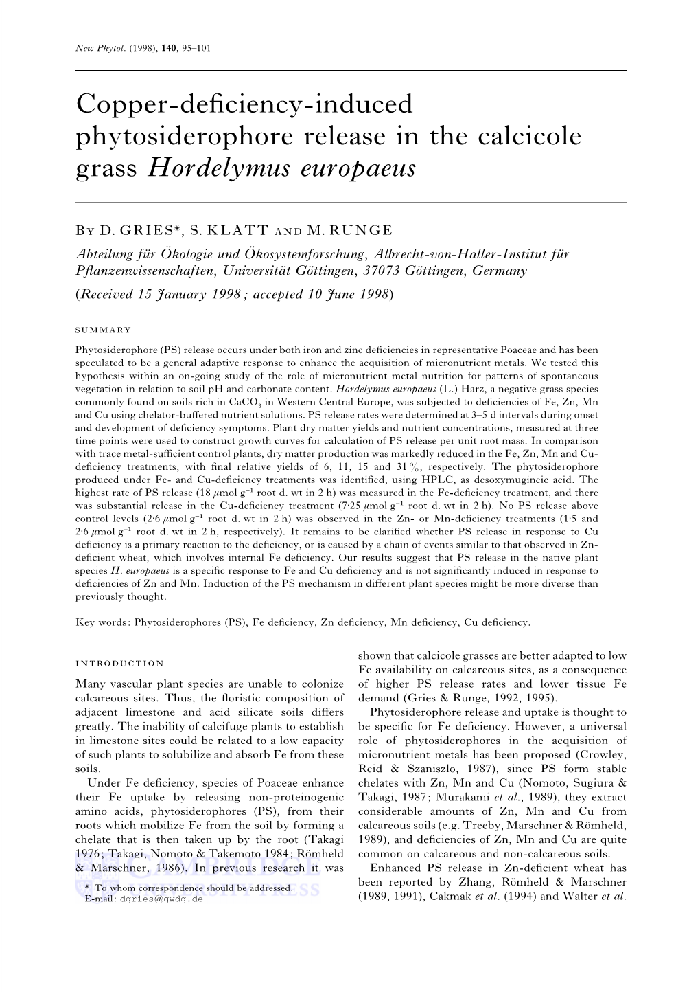 Copper-Deficiency-Induced Phytosiderophore Release in in the Calcicole Grass Hordelymus Europaeus