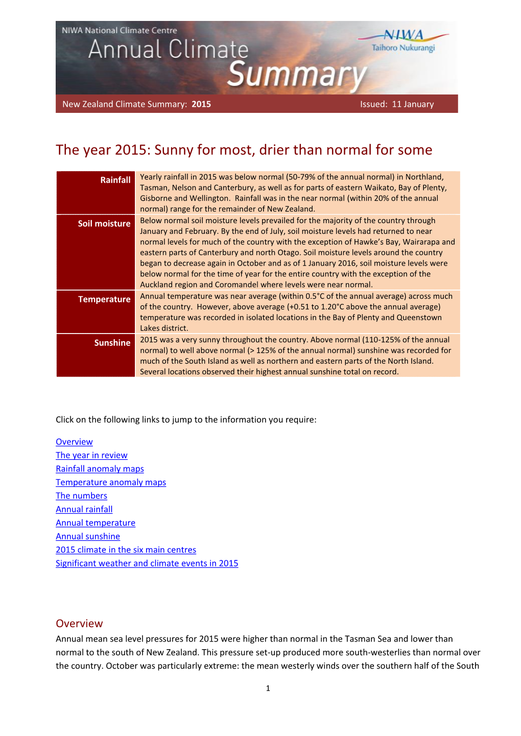 The Year 2015: Sunny for Most, Drier Than Normal for Some