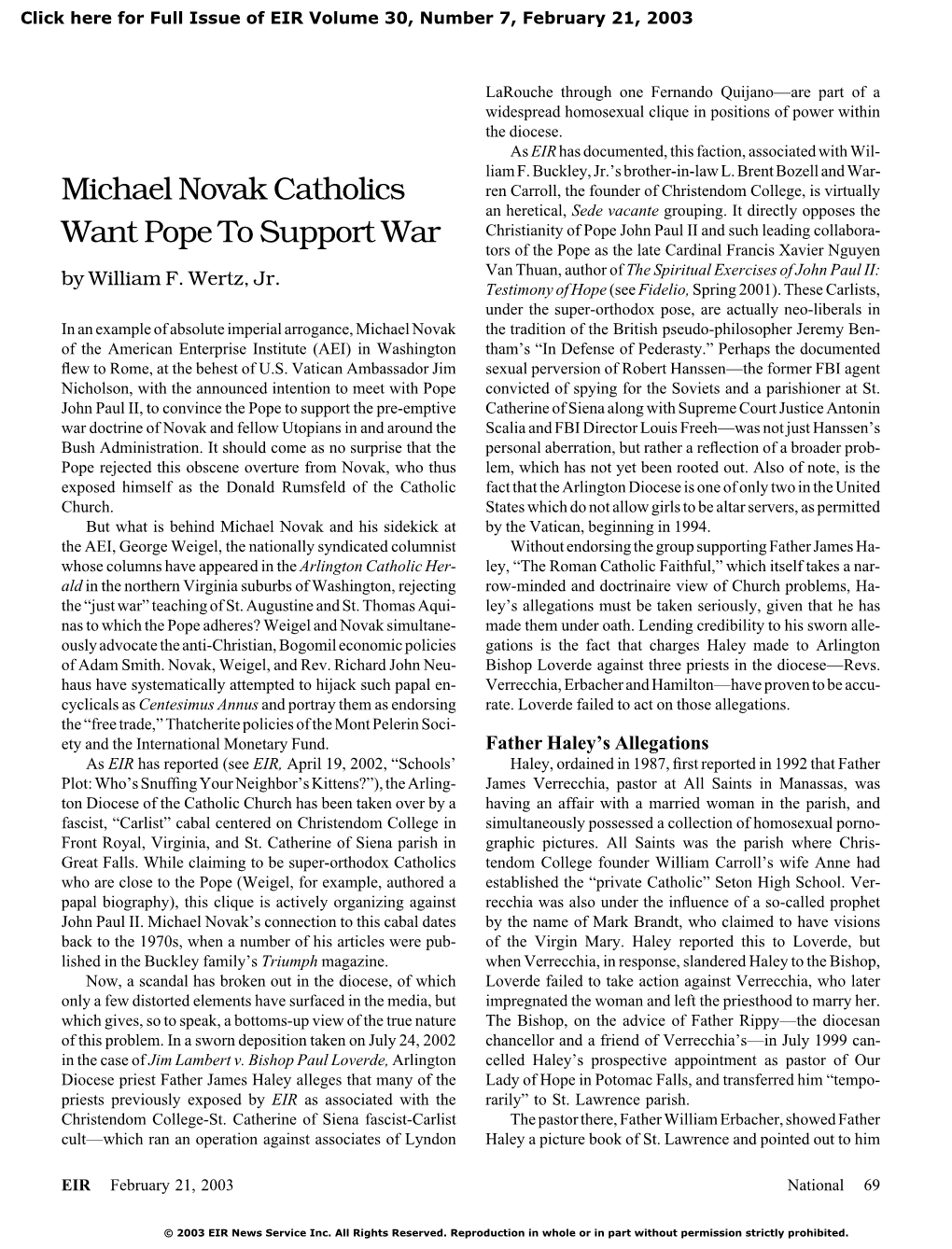 Michael Novak Catholics Want Pope to Support