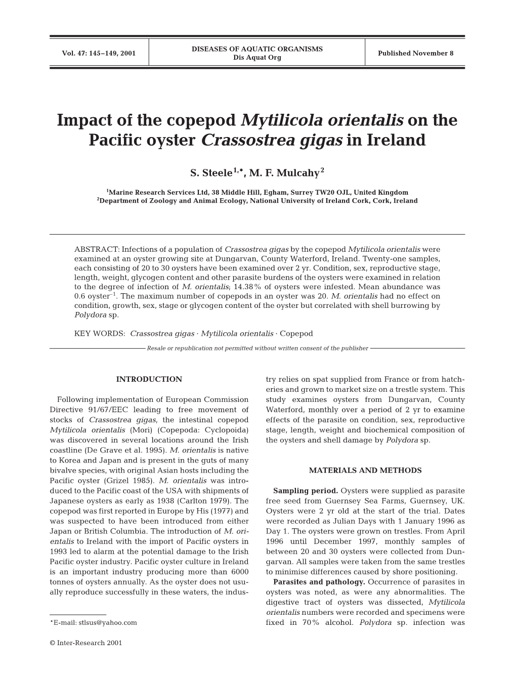 Impact of the Copepod Mytilicola Orientalis on the Pacific Oyster Crassostrea Gigas in Ireland