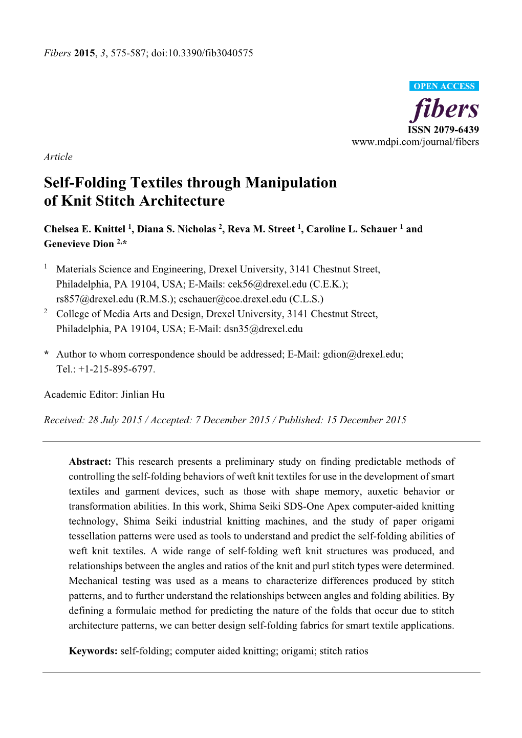 Self-Folding Textiles Through Manipulation of Knit Stitch Architecture