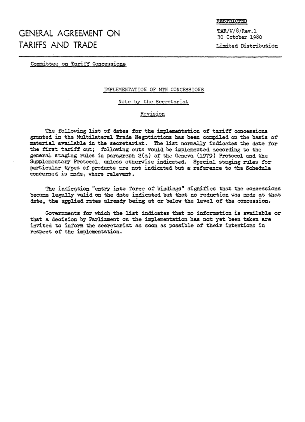 30 October 1980 TARIFFS and TRADE Limiteddistribution