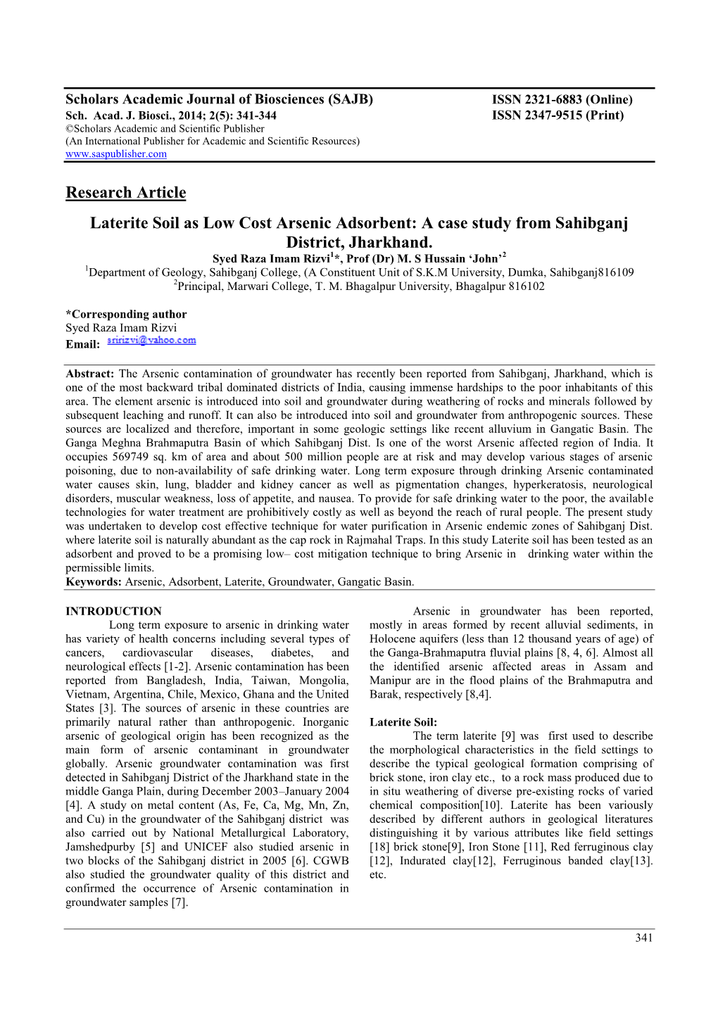 Research Article Laterite Soil As Low Cost Arsenic Adsorbent