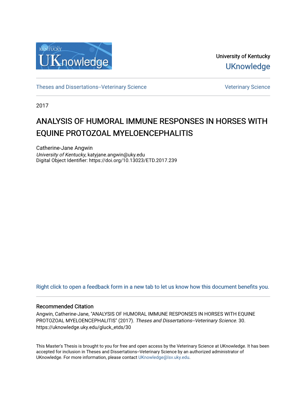 Analysis of Humoral Immune Responses in Horses with Equine Protozoal Myeloencephalitis
