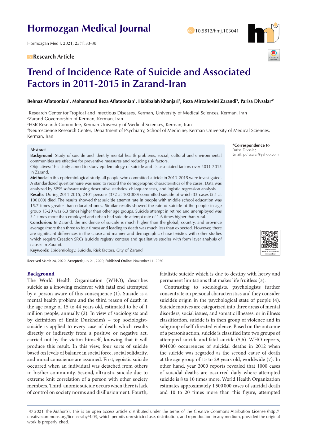 Trend of Incidence Rate of Suicide and Associated Factors in 2011-2015 in Zarand-Iran