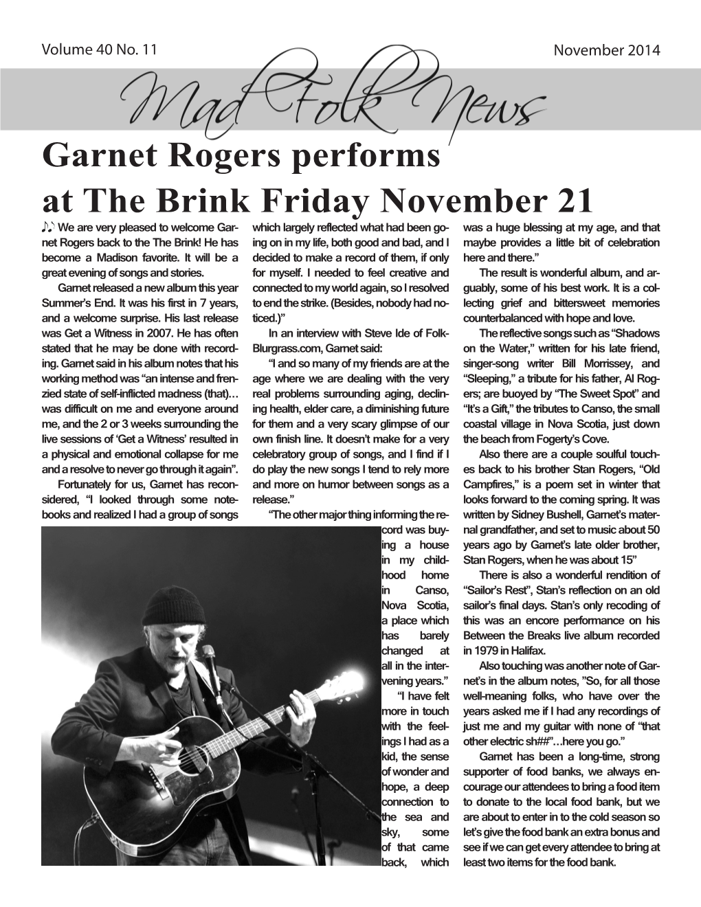 Garnet Rogers Performs at the Brink Friday November 21