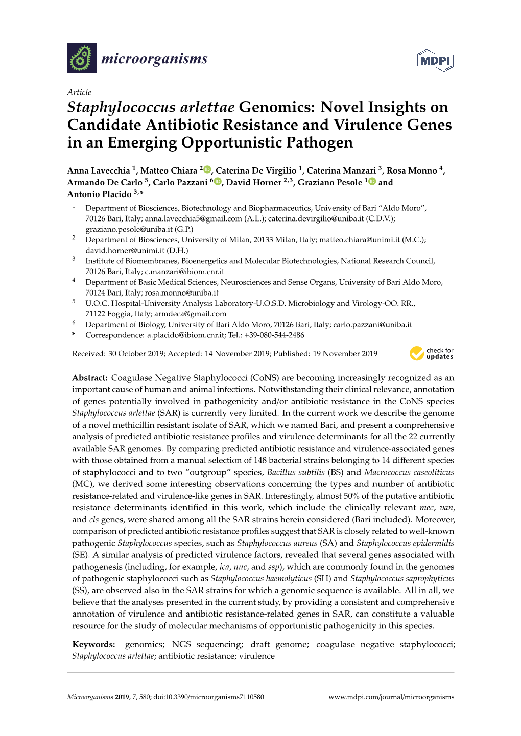 Staphylococcus Arlettae Genomics: Novel Insights on Candidate Antibiotic Resistance and Virulence Genes in an Emerging Opportunistic Pathogen