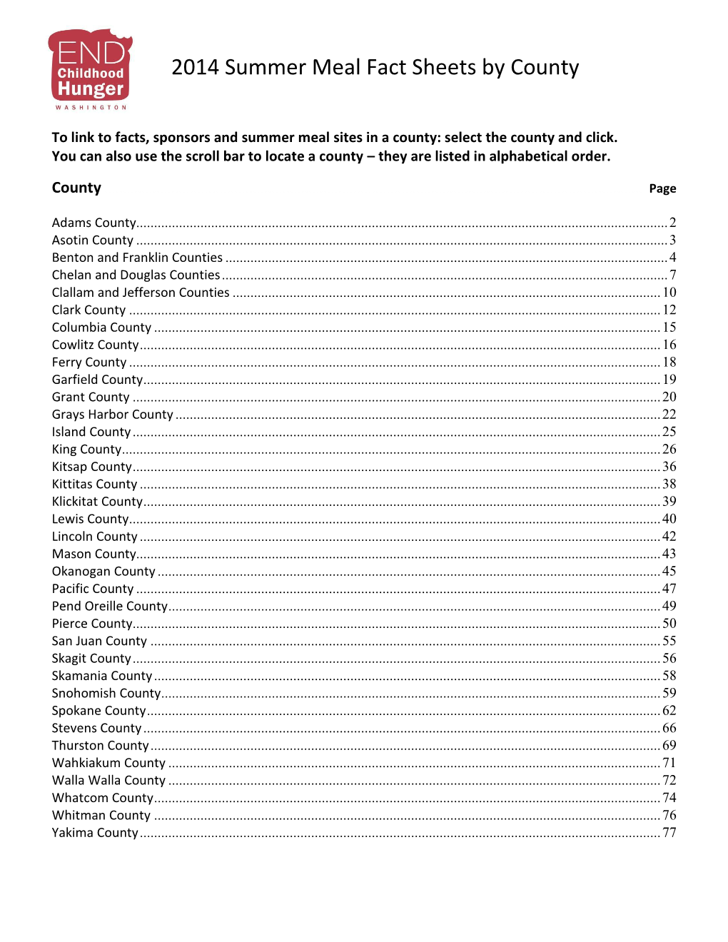 2014 Summer Meal Fact Sheets by County