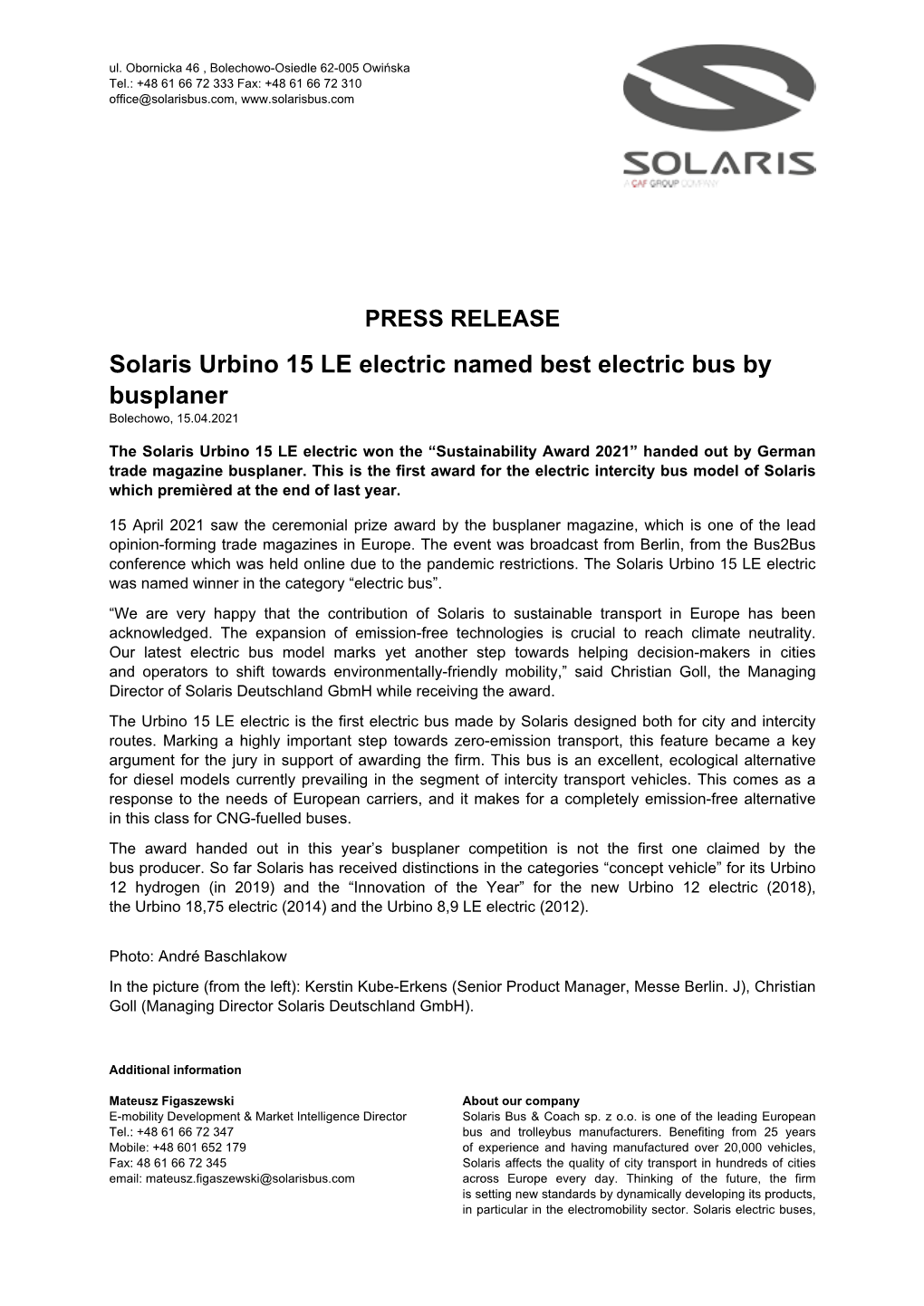 PRESS RELEASE Solaris Urbino 15 LE Electric Named Best Electric Bus