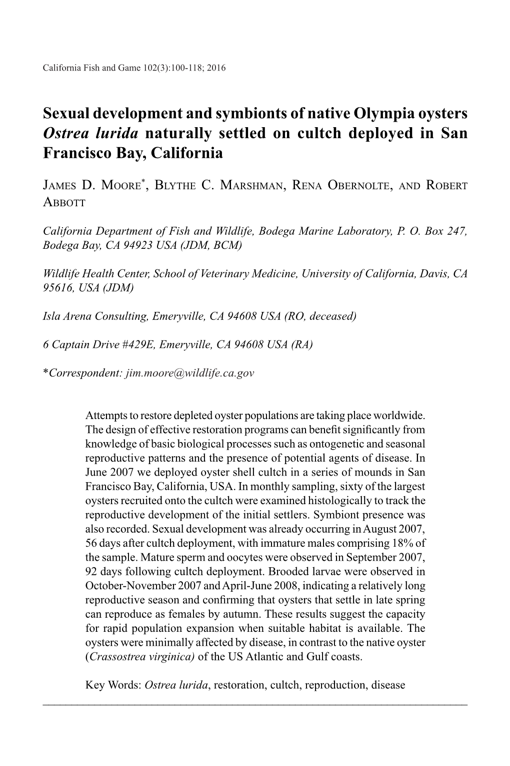 Sexual Development and Symbionts of Native Olympia Oysters Ostrea Lurida Naturally Settled on Cultch Deployed in San Francisco Bay, California
