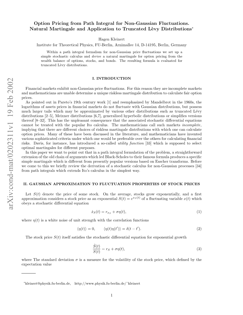 Option Pricing from Path Integral for Non-Gaussian Fluctuations. Natural