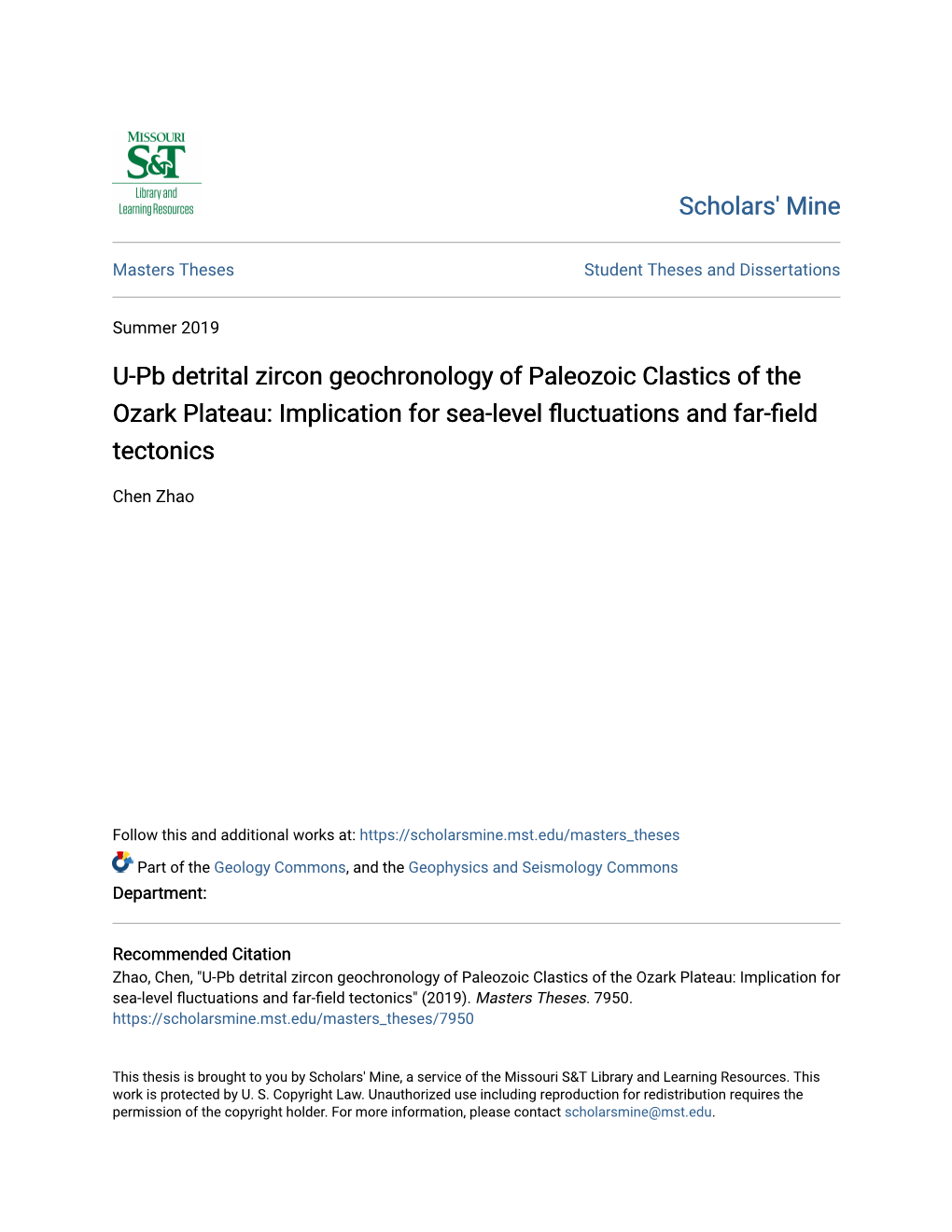 U-Pb Detrital Zircon Geochronology of Paleozoic Clastics of the Ozark Plateau: Implication for Sea-Level Fluctuations and Far-Field Tectonics