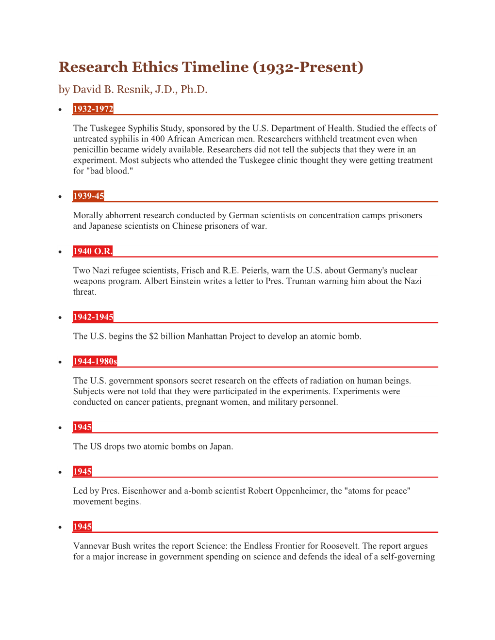 Research Ethics Timeline (1932-Present) by David B