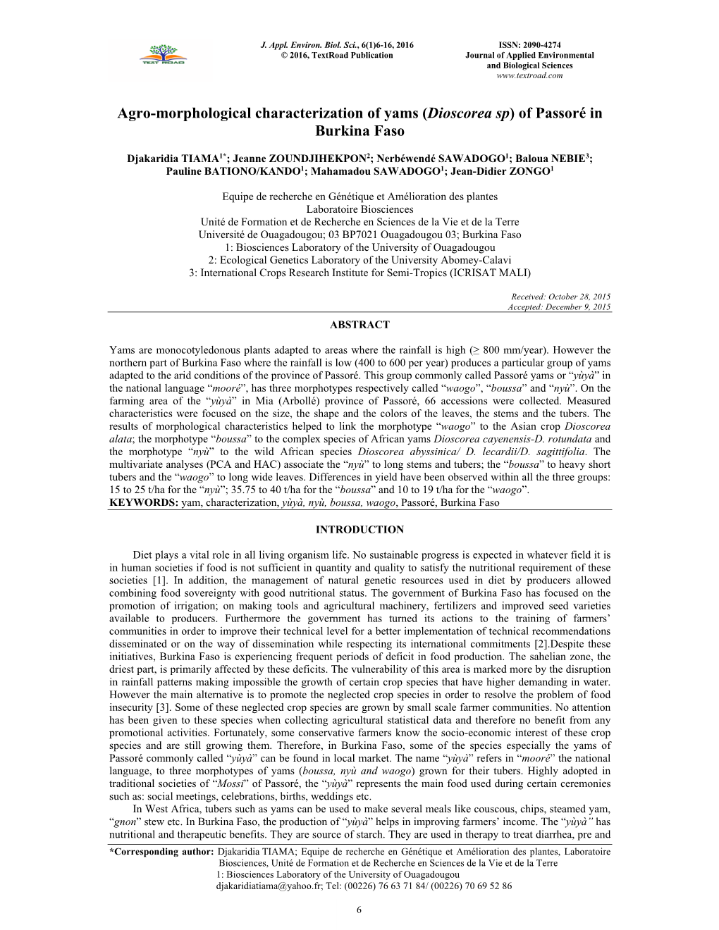 Agro-Morphological Characterization of Yams (Dioscorea Sp) of Passoré in Burkina Faso