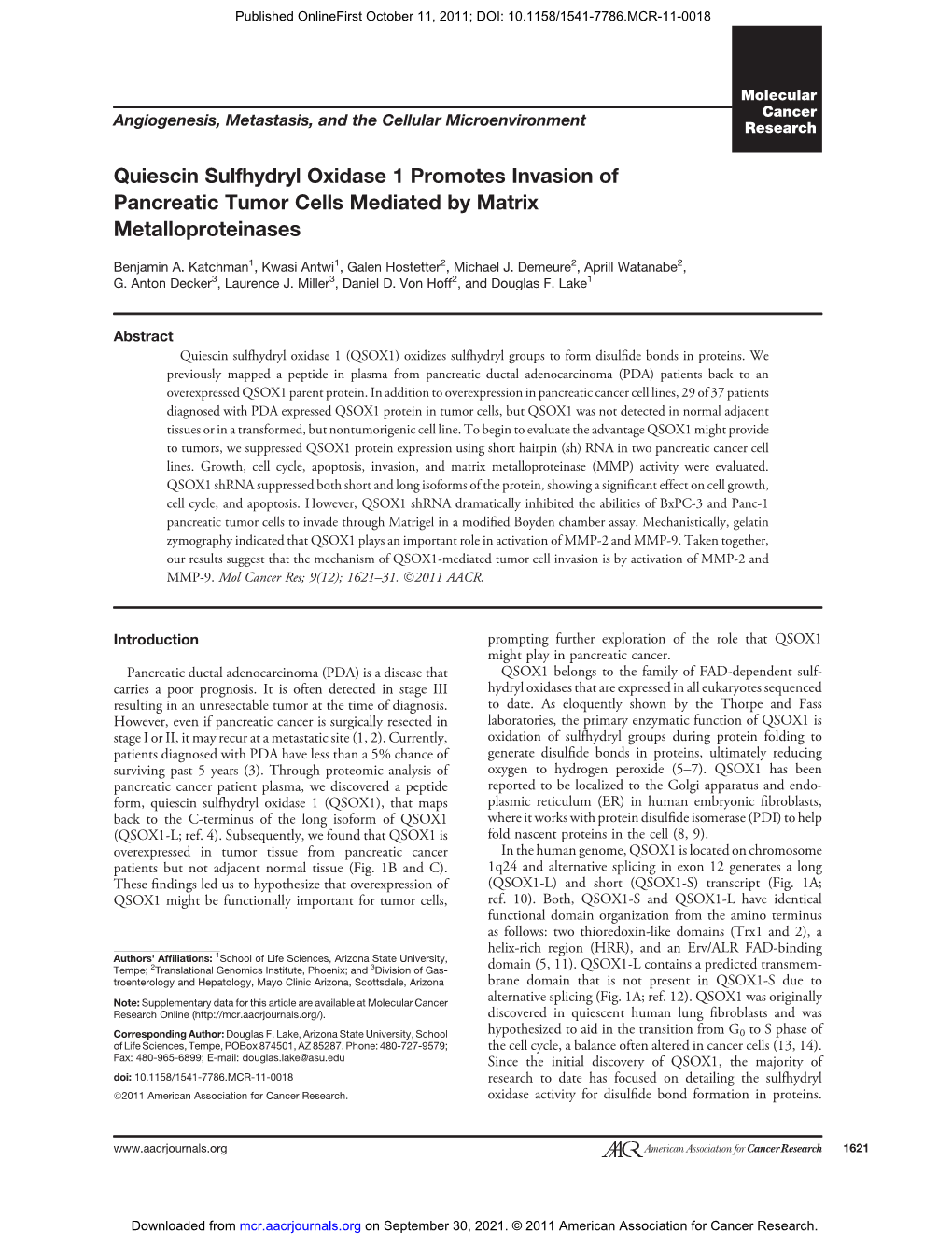 Quiescin Sulfhydryl Oxidase 1 Promotes Invasion of Pancreatic Tumor Cells Mediated by Matrix Metalloproteinases