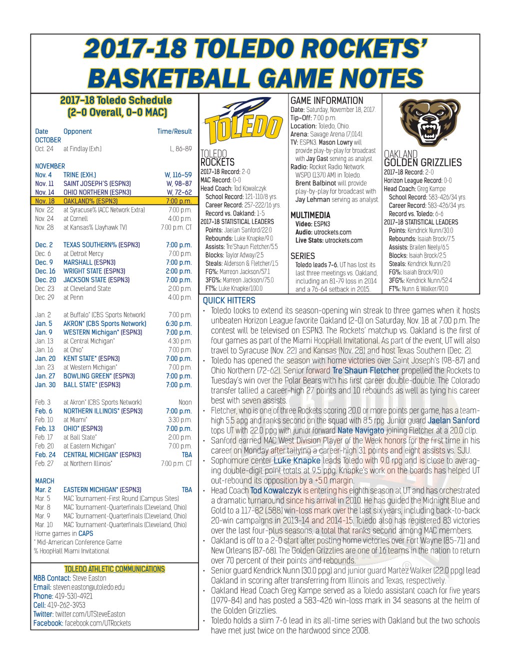 2017-18 Toledo Rockets' Basketball Game Notes