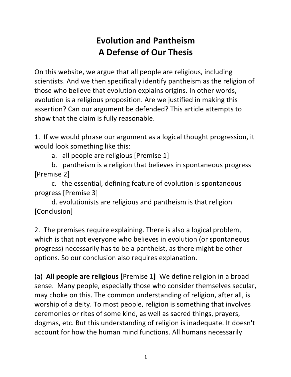 Evolution and Pantheism a Defense of Our Thesis