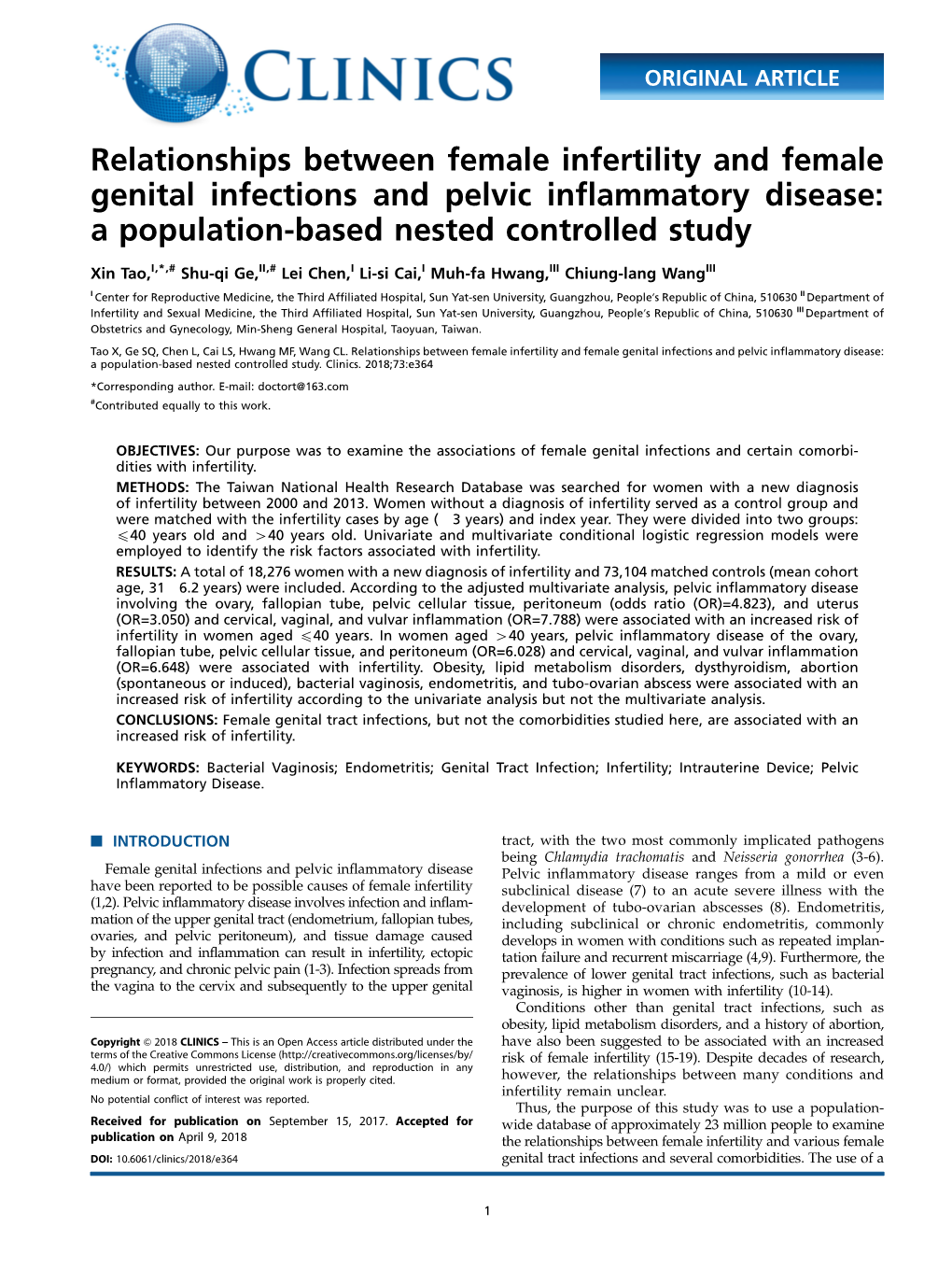 Relationships Between Female Infertility and Female Genital Infections and Pelvic Inﬂammatory Disease: a Population-Based Nested Controlled Study