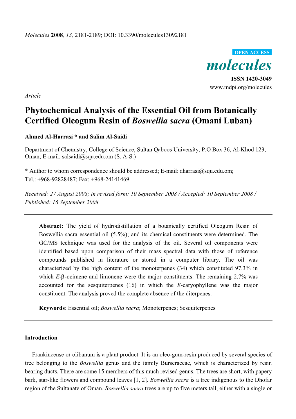 Phytochemical Analysis of the Essential Oil from Botanically Certified Oleogum Resin of Boswellia Sacra (Omani Luban)