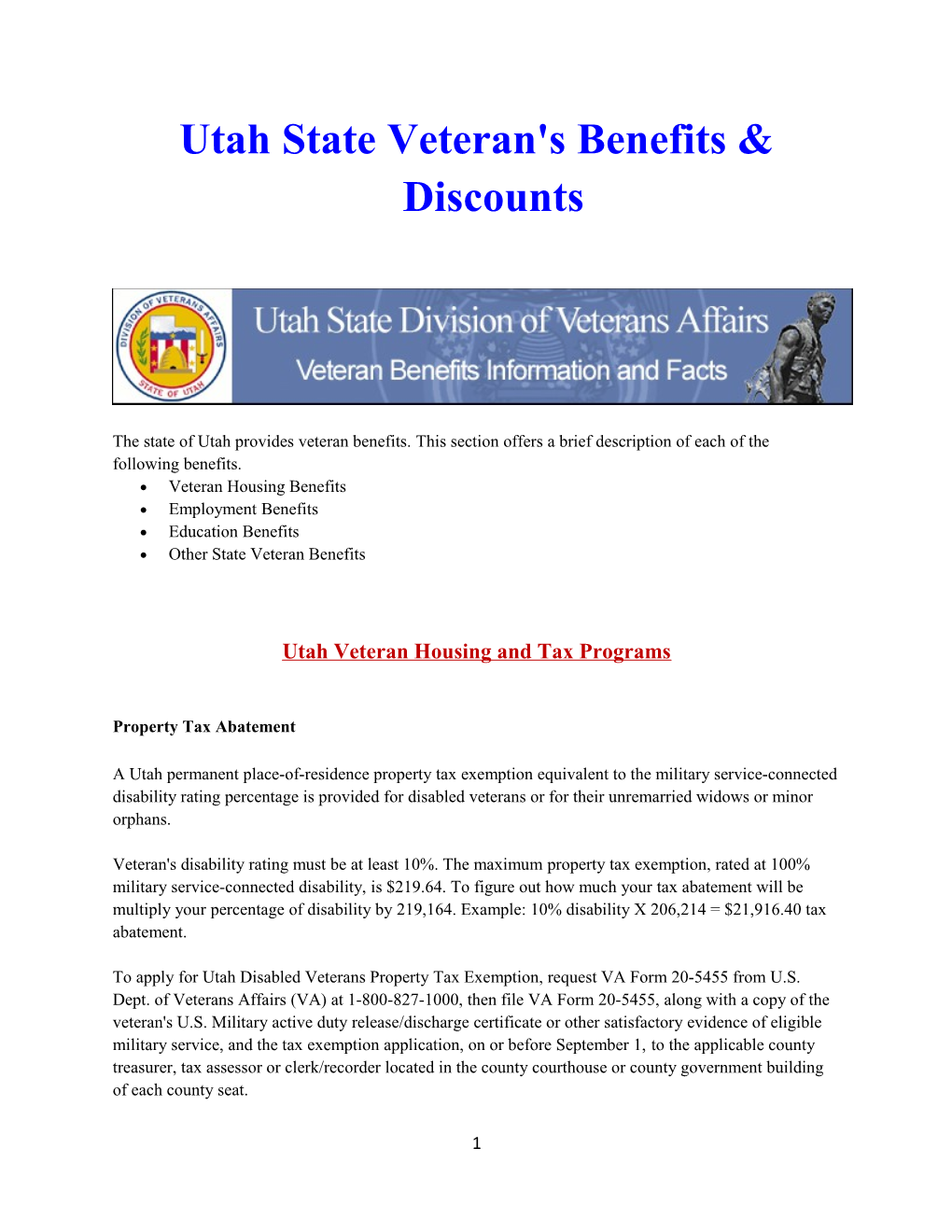 Utah State Veteran's Benefits & Discounts