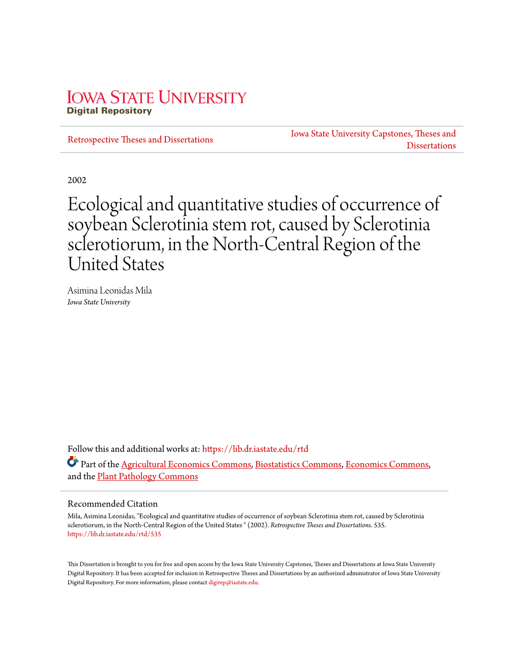 Ecological and Quantitative Studies of Occurrence of Soybean Sclerotinia