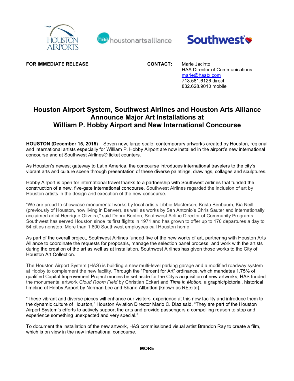 Houston Airport System, Southwest Airlines and Houston Arts Alliance Announce Major Art Installations at William P. Hobby Airport and New International Concourse