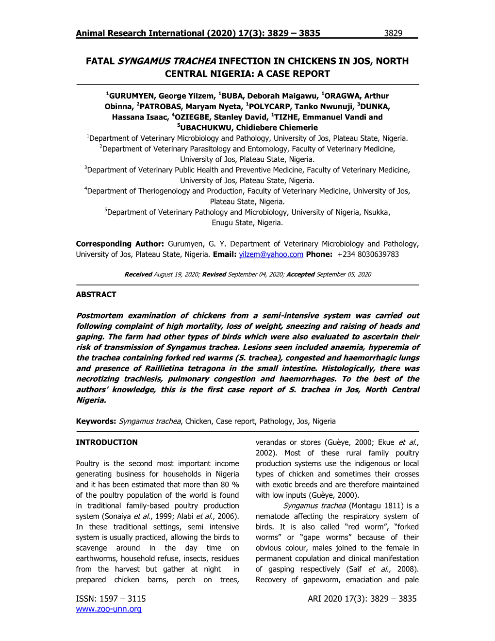 Fatal Syngamus Trachea Infection in Chickens in Jos, North Central Nigeria