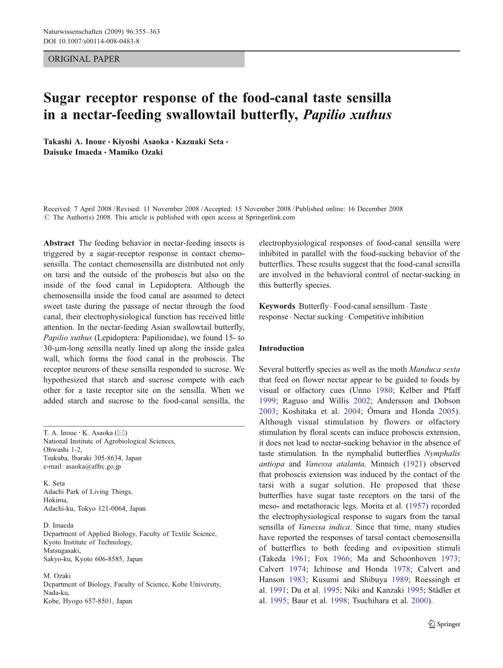 Sugar Receptor Response of the Food-Canal Taste Sensilla in a Nectar-Feeding Swallowtail Butterfly, Papilio Xuthus