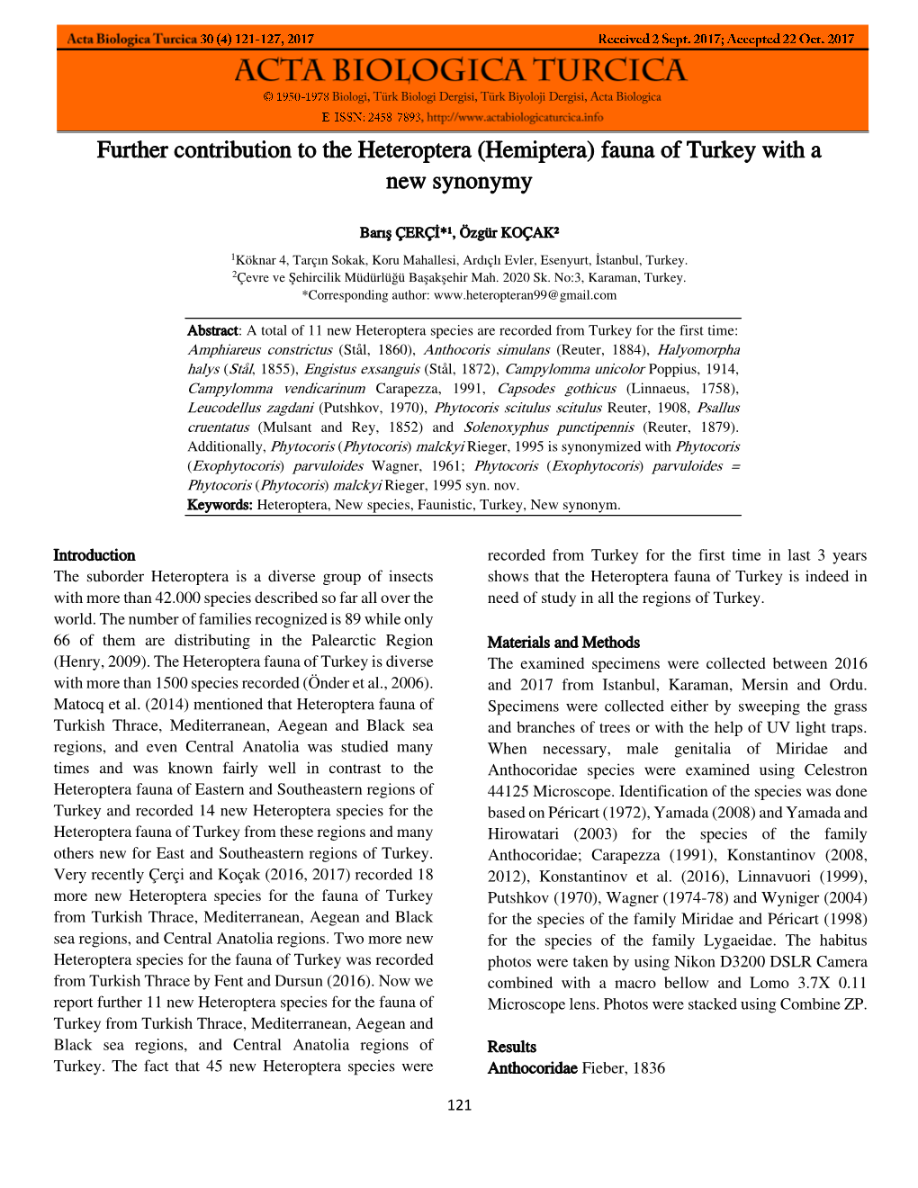 Further Contribution to the Heteroptera (Hemiptera) Fauna of Turkey with a New Synonymy