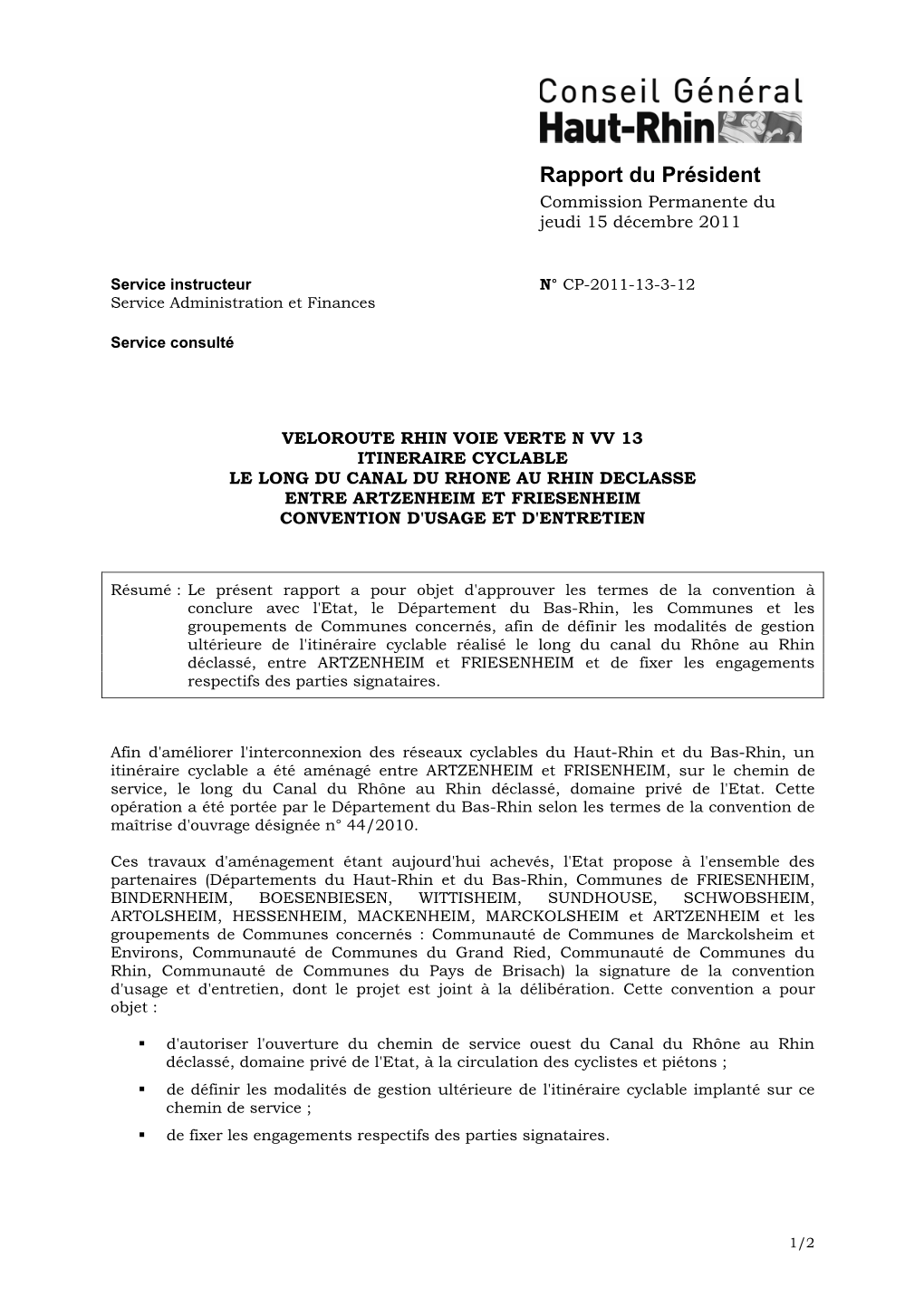 Rapport Du Président Commission Permanente Du Jeudi 15 Décembre 2011