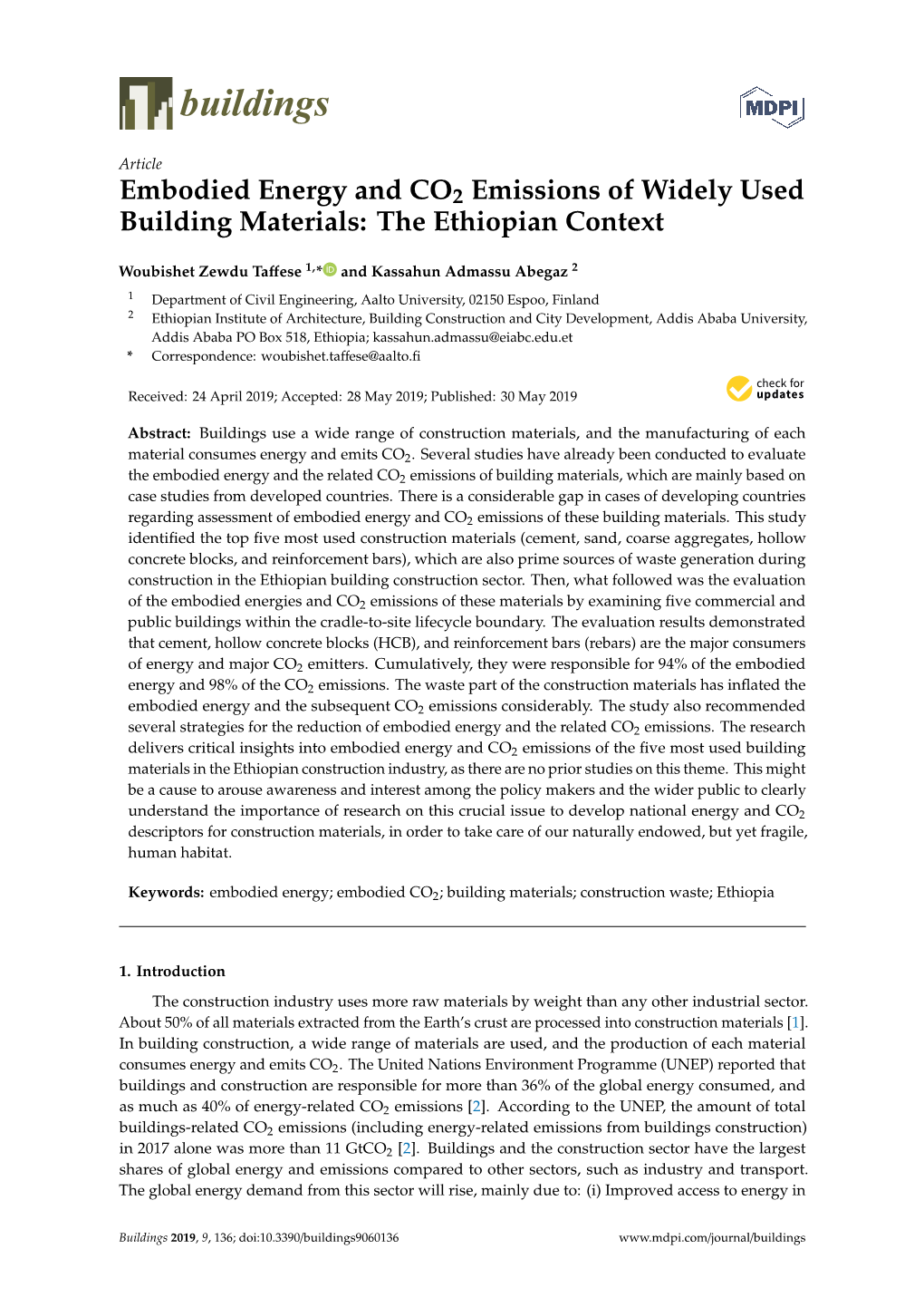 Embodied Energy and CO2 Emissions of Widely Used Building Materials: the Ethiopian Context