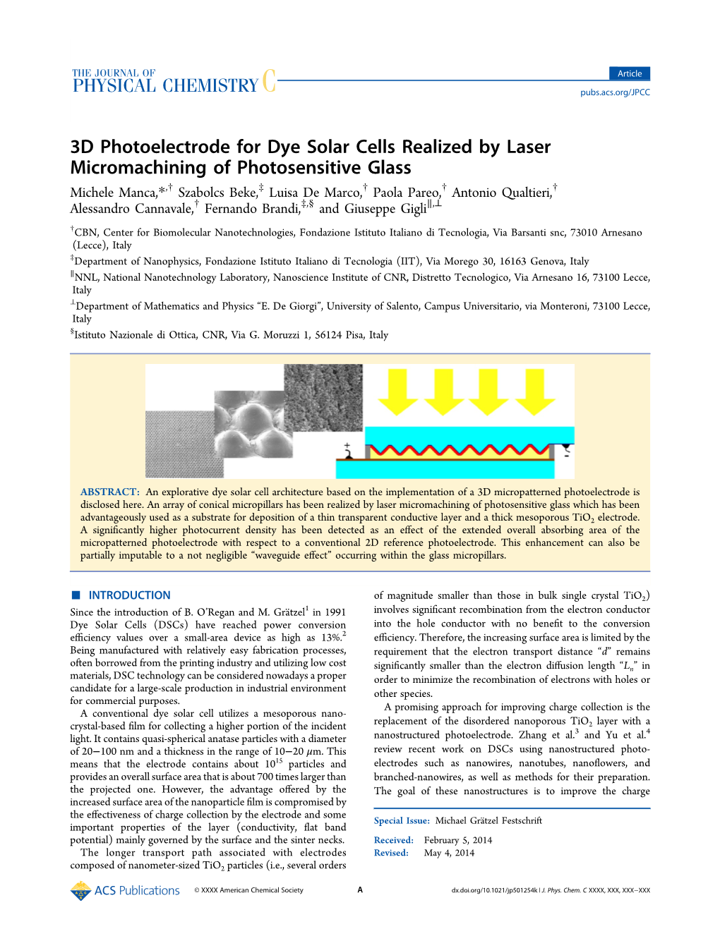3D Photoelectrode for Dye Solar Cells Realized by Laser Micromachining